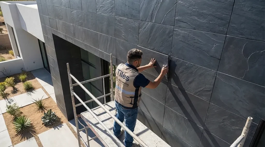 Instalador colocando porcelanato en el baño de una casa
