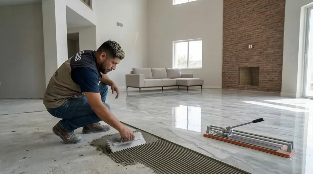 maestro enchapador trabajando en Huancayo instalando porcelanato