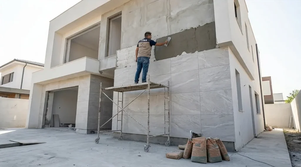 técnico colocando cerámico en pared