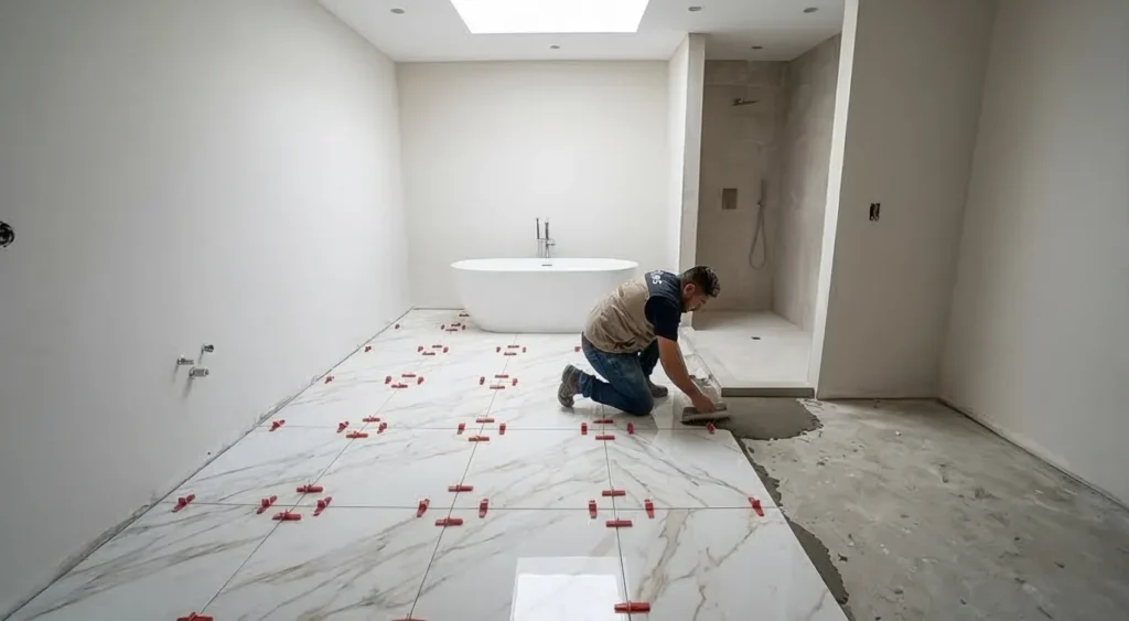 instalación de porcelanato en Huancayo maestro enchapador trabajando